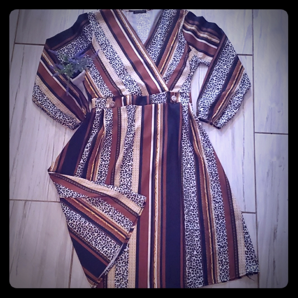 Leopard Stripe Button Front Print Midi